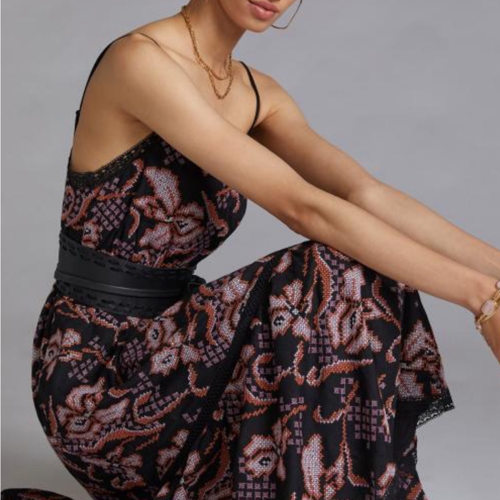Anthropologie black pink brown lined crochet midi dress EUC! Gorgeous! Small